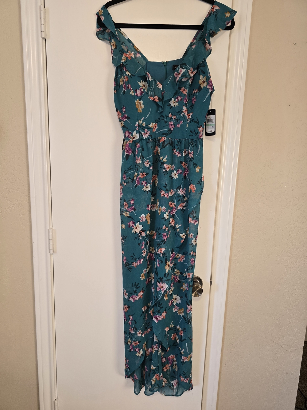 GUESS Floral High Low Chiffon Maxi Dress NWT Teal Ruffle Size 8